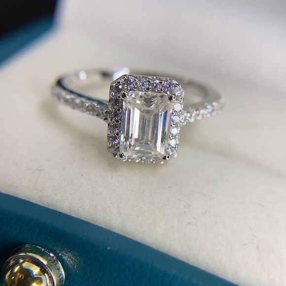 💯% AUTHENTIC!!!  Halo Emerald Cut Moissanite Engagement Ring - Picture 11 of 15